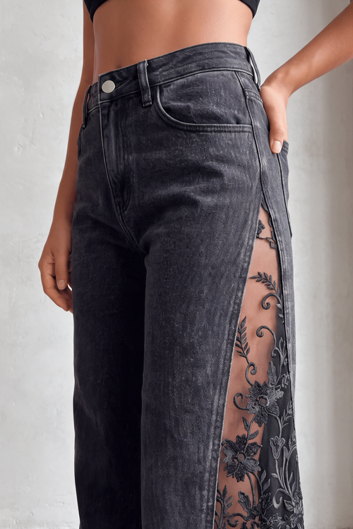 Dark Nights Lace Jeans close-up with sheer floral lace side panel