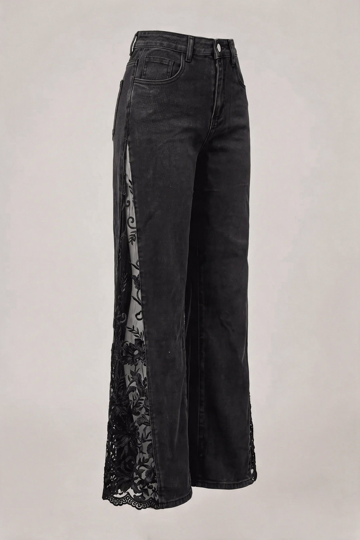 Dark Nights Lace Jeans side view showing lace from hip to hem