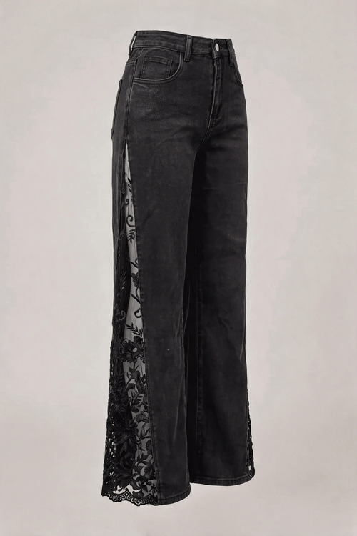 Dark Nights Lace Jeans side view showing lace from hip to hem