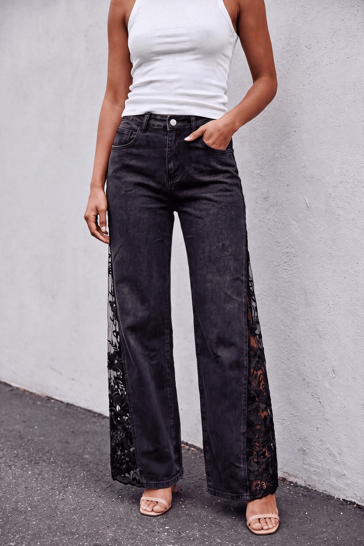 Dark Nights Lace Jeans styled with a white tank top