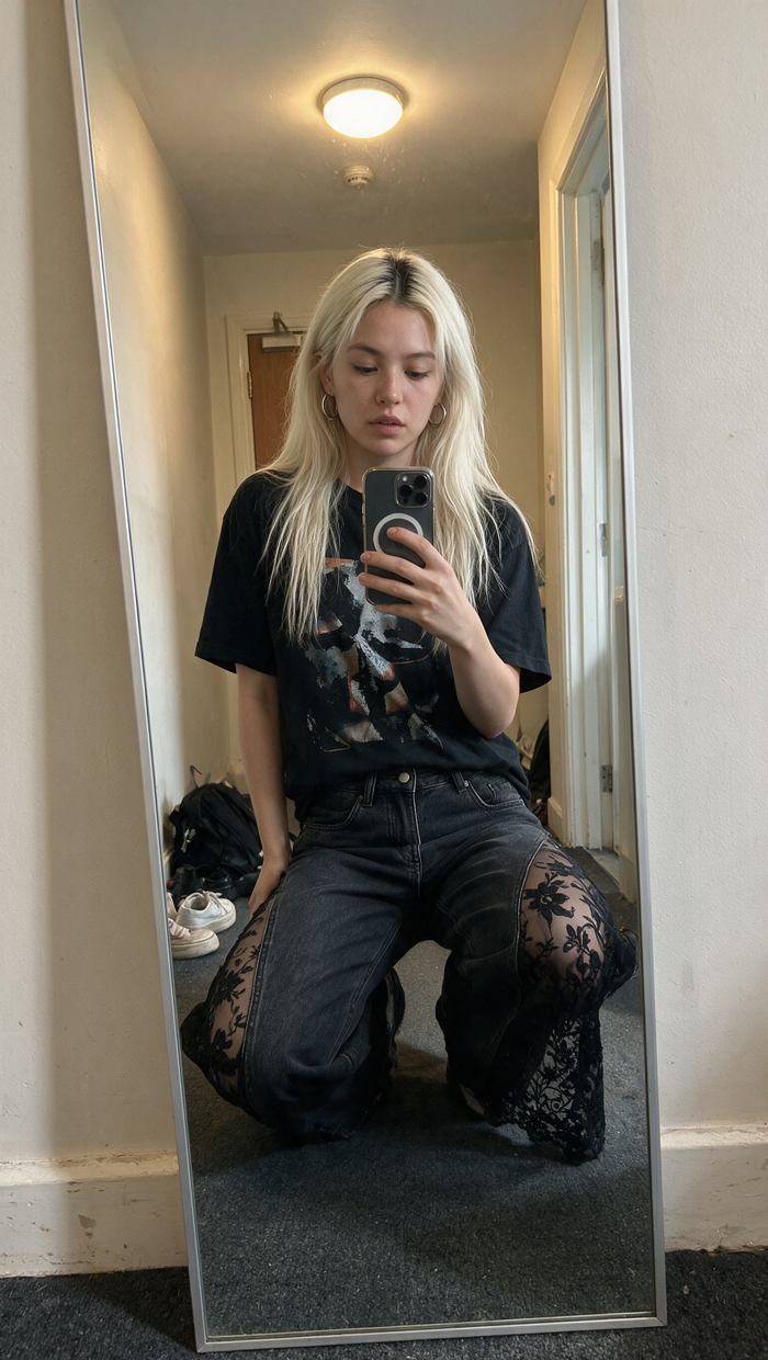 Customer mirror selfie wearing Dark Nights Lace Jeans