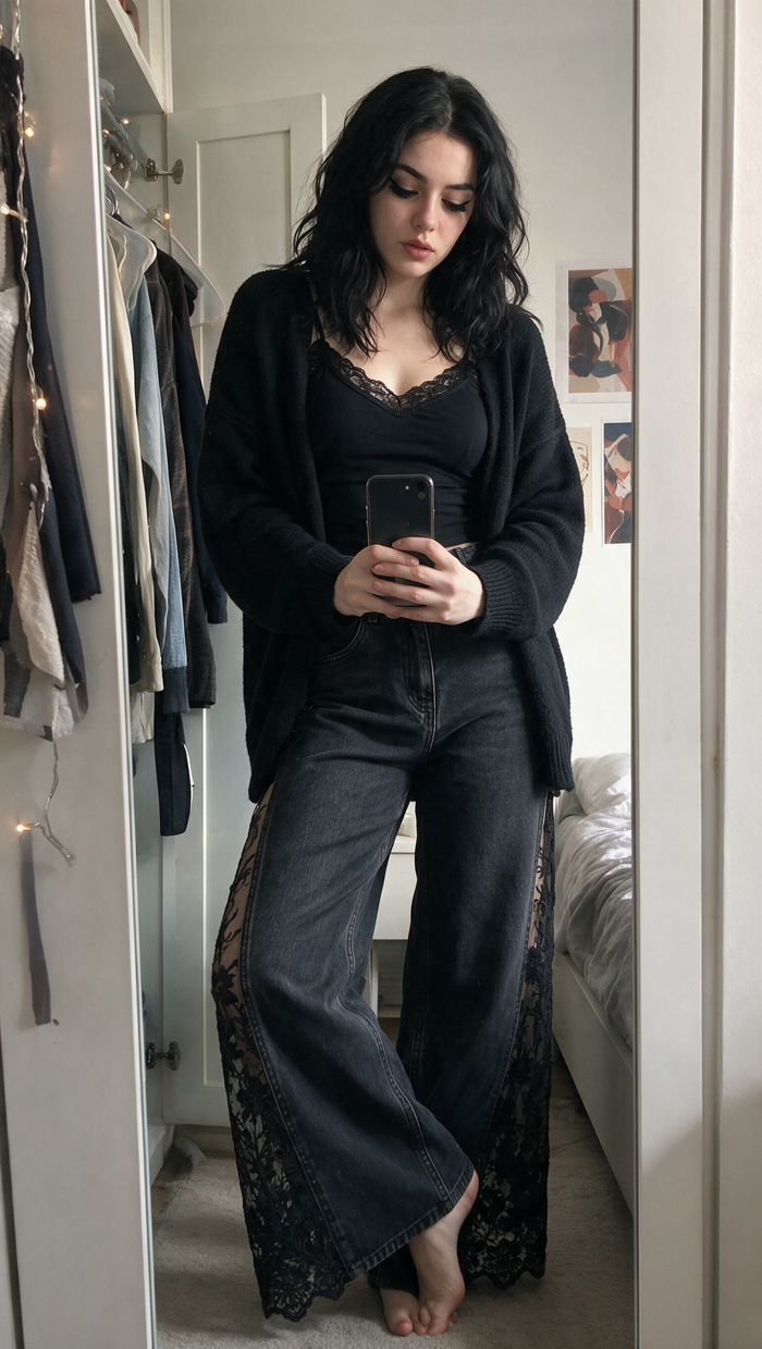 Dark Nights Lace Jeans styled with a black cardigan