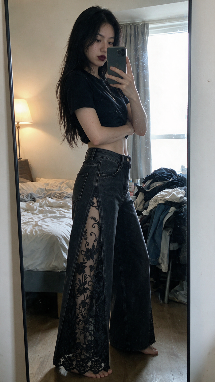 Dark Nights Lace Jeans with a cropped black tee