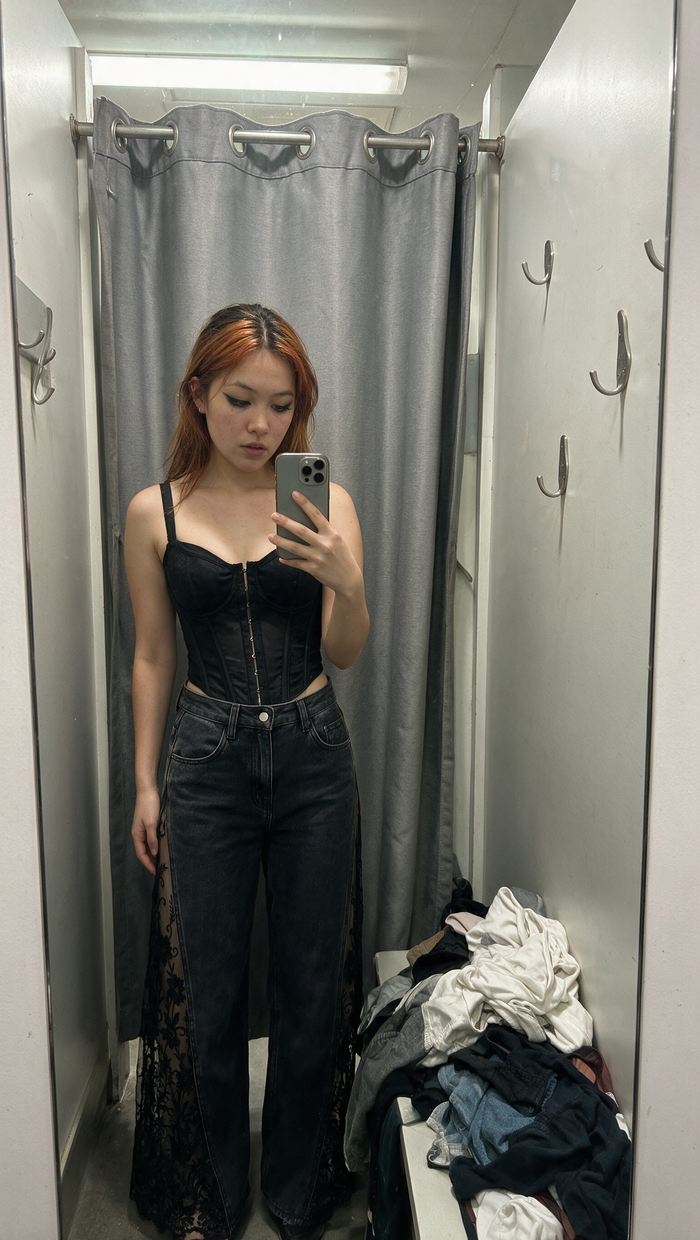 Dark Nights Lace Jeans with a corset top in a fitting room