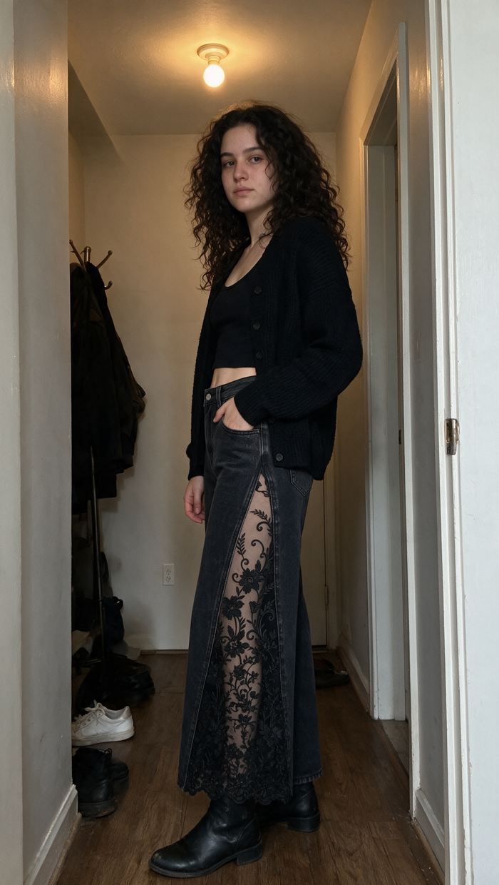 Dark Nights Lace Jeans with boots and a black cardigan