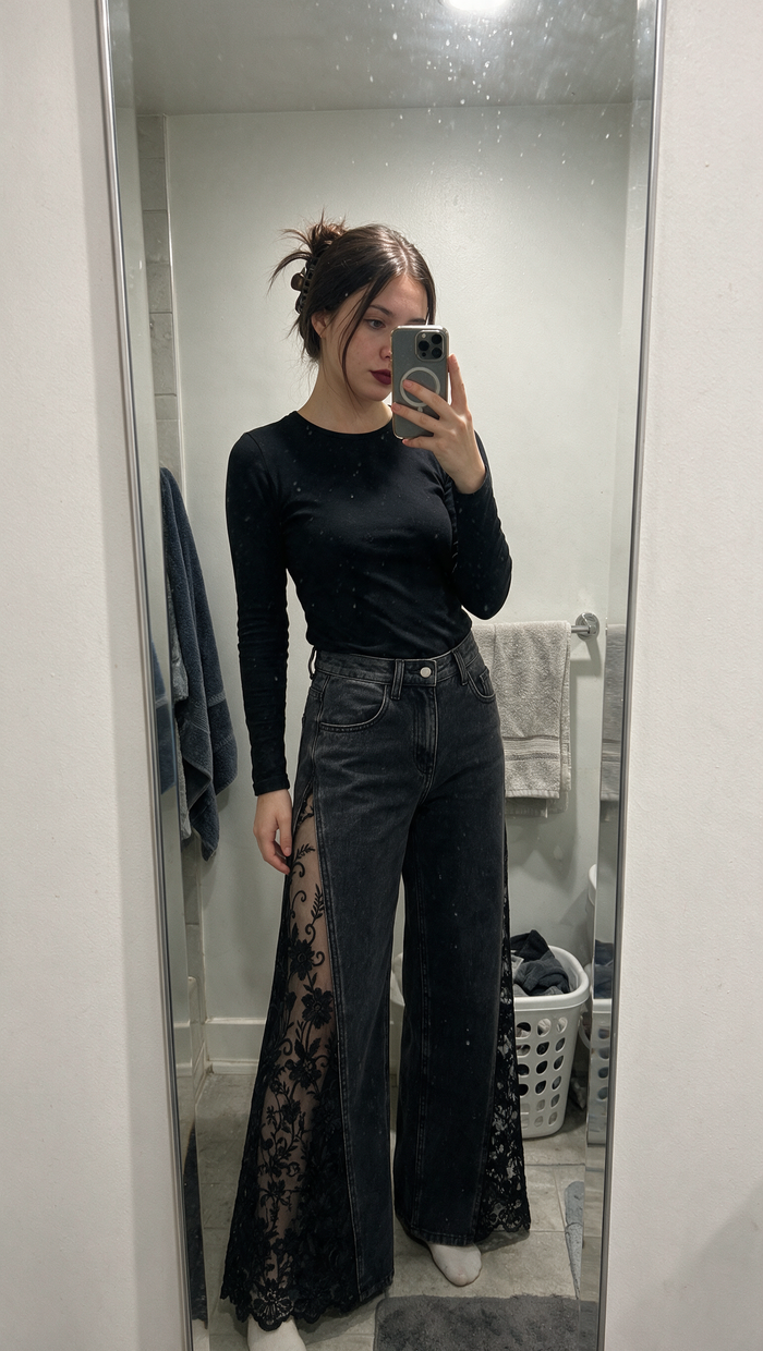 Bathroom mirror selfie in Dark Nights Lace Jeans